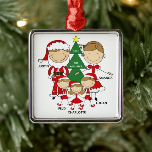 Cute Stick Figuur Familie van 5 Kerstversiering Metalen Ornament (Boom)