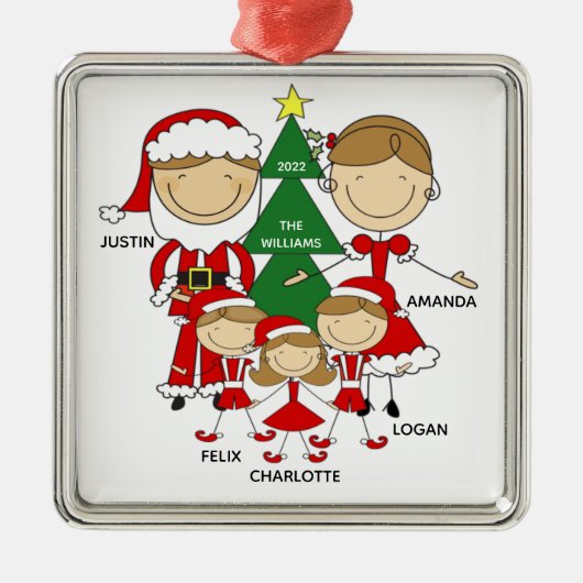 Cute Stick Figuur Familie van 5 Kerstversiering Metalen Ornament (Voorkant)