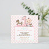 Cute Stick figuur Girl 1st Birthday Invitation Kaart (Staand voorkant)