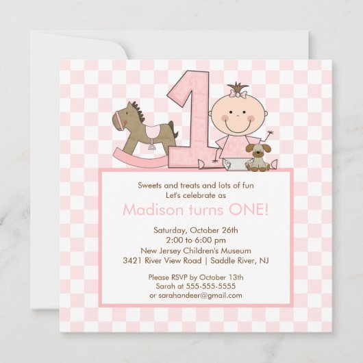 Cute Stick figuur Girl 1st Birthday Invitation Kaart (Voorkant)
