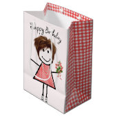 Cute Stick Figuur Girl met Birthday Bouquet Medium Cadeauzakje (Voorkant Gekanteld)