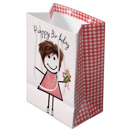 Cute Stick Figuur Girl met Birthday Bouquet Medium Cadeauzakje (Voorkant Gekanteld)
