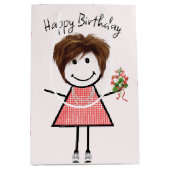 Cute Stick Figuur Girl met Birthday Bouquet Medium Cadeauzakje (Voorkant)