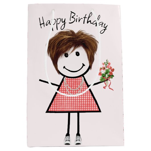 Cute Stick Figuur Girl met Birthday Bouquet Medium Cadeauzakje (Voorkant)