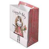 Cute Stick Figuur Girl met Birthday Bouquet Medium Cadeauzakje (Voorkant Gekanteld)