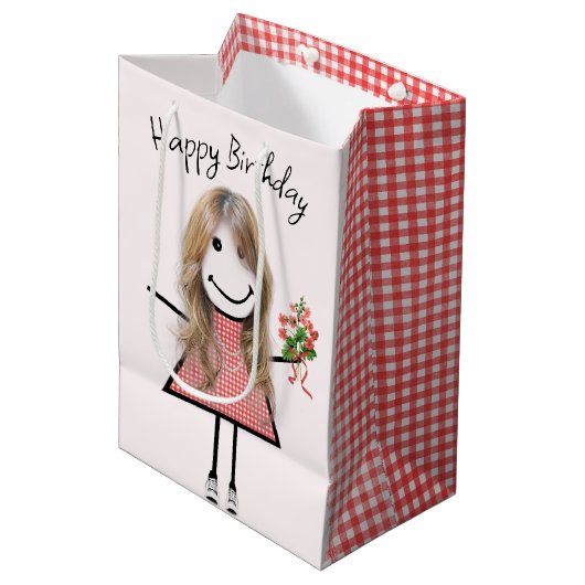 Cute Stick Figuur Girl met Birthday Bouquet Medium Cadeauzakje (Voorkant Gekanteld)