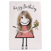 Cute Stick Figuur Girl met Birthday Bouquet Medium Cadeauzakje (Voorkant)