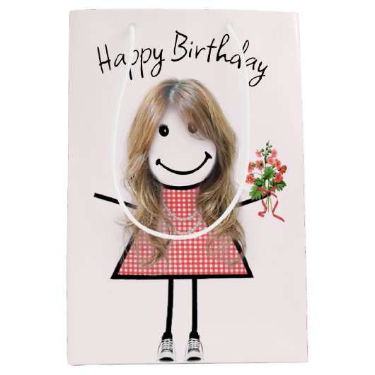 Cute Stick Figuur Girl met Birthday Bouquet Medium Cadeauzakje (Voorkant)
