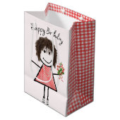 Cute Stick Figuur Girl met Birthday Bouquet Medium Cadeauzakje (Voorkant Gekanteld)