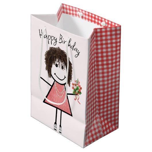 Cute Stick Figuur Girl met Birthday Bouquet Medium Cadeauzakje (Voorkant Gekanteld)