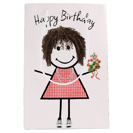 Cute Stick Figuur Girl met Birthday Bouquet Medium Cadeauzakje (Voorkant)