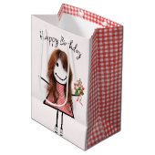 Cute Stick Figuur Girl met Birthday Bouquet Medium Cadeauzakje (Voorkant Gekanteld)