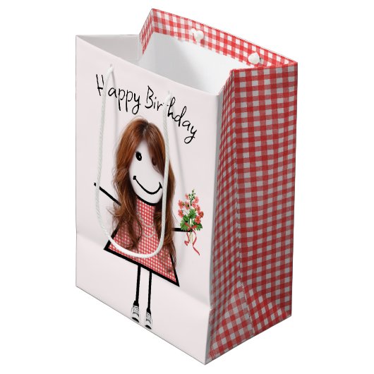 Cute Stick Figuur Girl met Birthday Bouquet Medium Cadeauzakje (Voorkant Gekanteld)