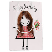 Cute Stick Figuur Girl met Birthday Bouquet Medium Cadeauzakje (Voorkant)