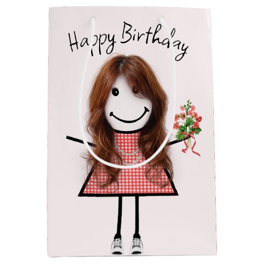 Cute Stick Figuur Girl met Birthday Bouquet Medium Cadeauzakje (Voorkant)