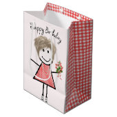 Cute Stick Figuur Girl met Birthday Bouquet Medium Cadeauzakje (Voorkant Gekanteld)