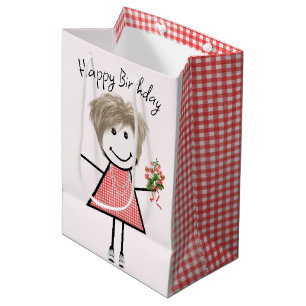 Cute Stick Figuur Girl met Birthday Bouquet Medium Cadeauzakje