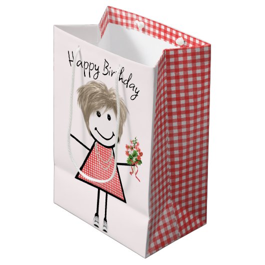 Cute Stick Figuur Girl met Birthday Bouquet Medium Cadeauzakje (Voorkant Gekanteld)