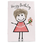 Cute Stick Figuur Girl met Birthday Bouquet Medium Cadeauzakje (Voorkant)