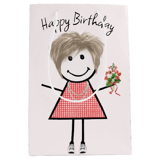 Cute Stick Figuur Girl met Birthday Bouquet Medium Cadeauzakje (Voorkant)
