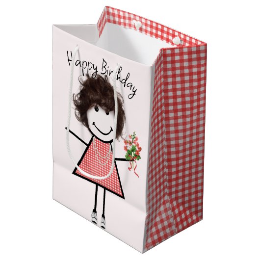 Cute Stick Figuur Girl met Birthday Bouquet Medium Cadeauzakje (Voorkant Gekanteld)