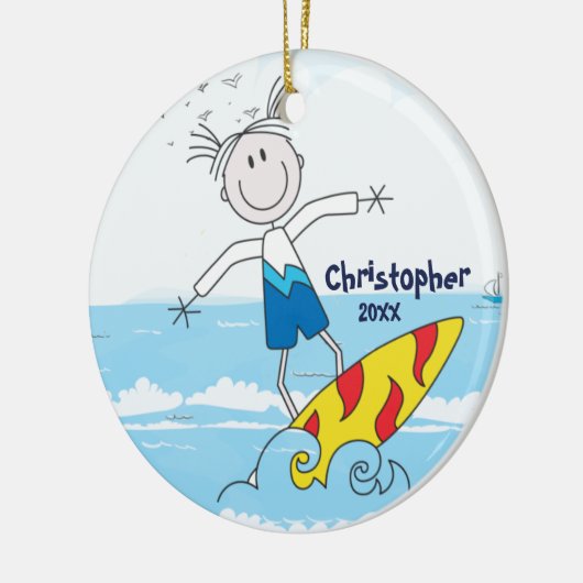 Cute Stick Figuur Surfer Boy kerstversiering Keramisch Ornament (Links)