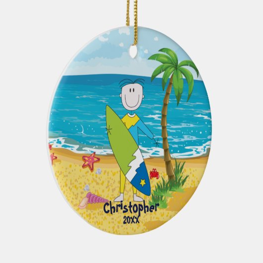 Cute Stick Figuur Surfer Boy kerstversiering Keramisch Ornament (Rechts)