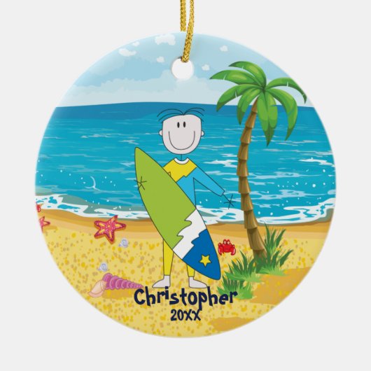 Cute Stick Figuur Surfer Boy kerstversiering Keramisch Ornament (Voorkant)