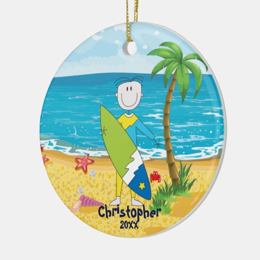 Cute Stick Figuur Surfer Boy kerstversiering Keramisch Ornament (Links)