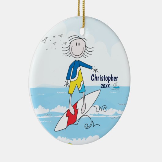 Cute Stick Figuur Surfer Boy kerstversiering Keramisch Ornament (Rechts)