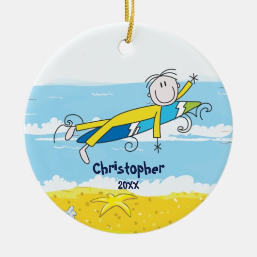 Cute Stick Figuur Surfer Boy kerstversiering Keramisch Ornament (Voorkant)