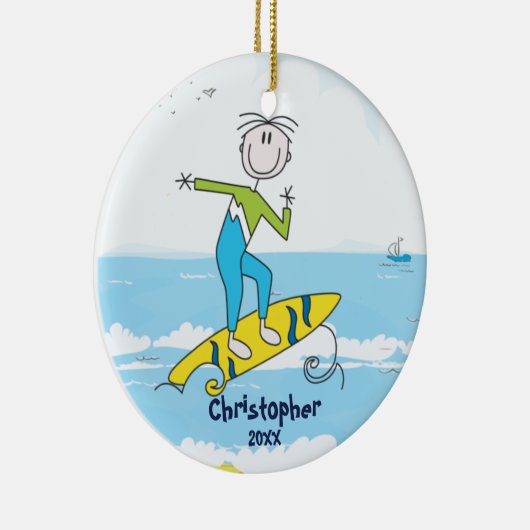 Cute Stick Figuur Surfer Boy kerstversiering Keramisch Ornament (Rechts)