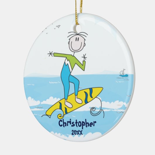 Cute Stick Figuur Surfer Boy kerstversiering Keramisch Ornament (Links)