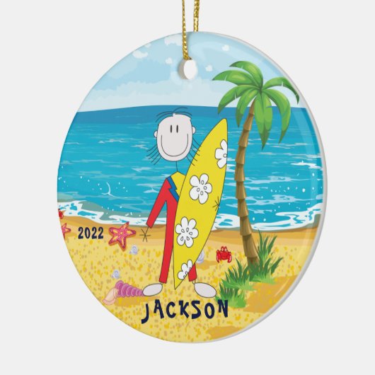 Cute Stick Figuur Surfer Boy kerstversiering Keramisch Ornament (Links)