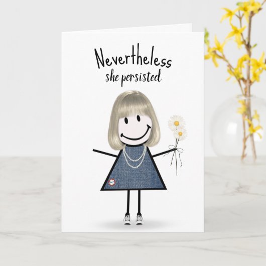 Cute Stick Girl in Denim Dress Inspiration Kaart (Gele Bloem)