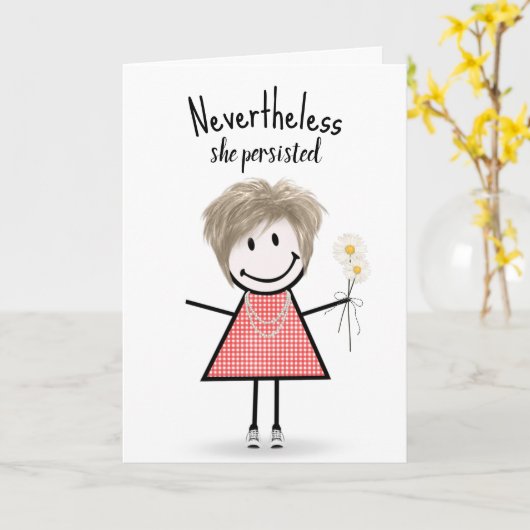 Cute Stick Girl in Gingham Dress Inspiration Kaart (Gele Bloem)