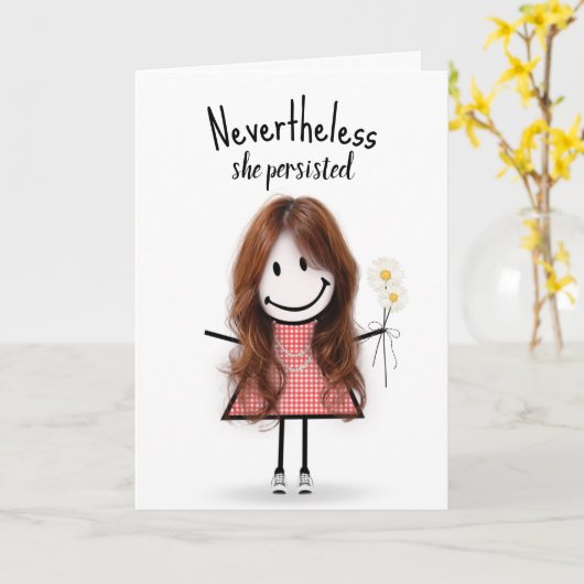 Cute Stick Girl in Gingham Dress Inspiration Kaart (Gele Bloem)