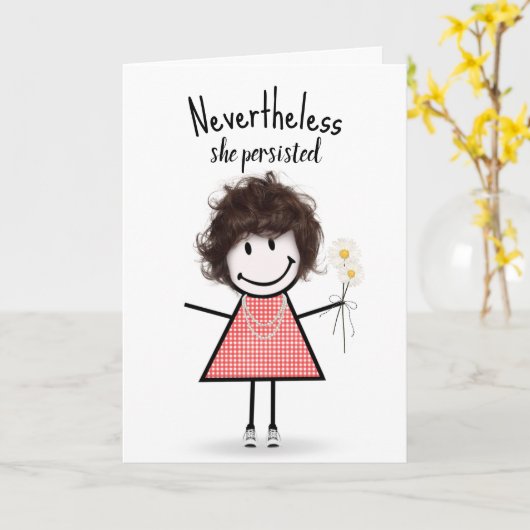 Cute Stick Girl in Gingham Dress Inspiration Kaart (Gele Bloem)