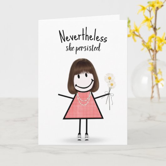 Cute Stick Girl in Gingham Dress Inspiration Kaart (Gele Bloem)