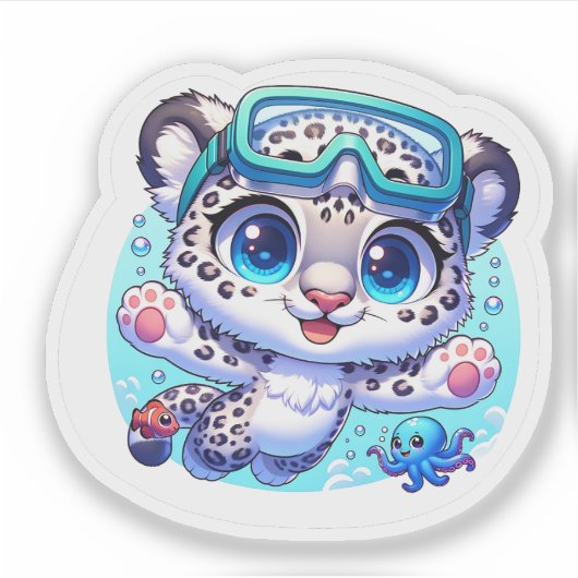 Cute Stickers Snow Leopard Kawaii Sport Diving (Voorkant)