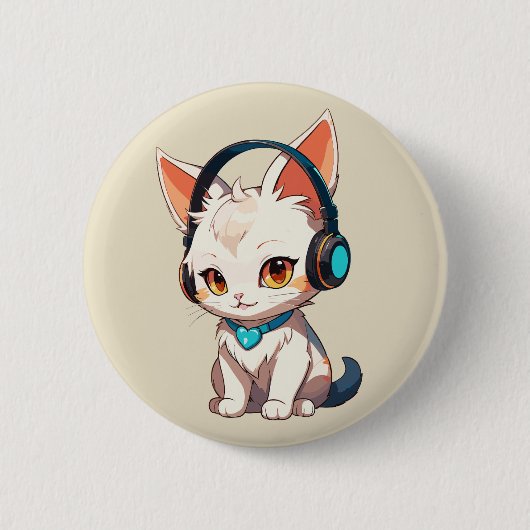 Cute stijlvolle kitty met hoofdtelefoon ronde button 5,7 cm (Voorkant)