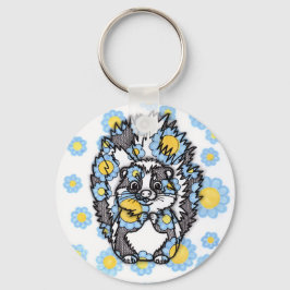 Cute stinkdier met blauwe bloemen Ronde sleutelhan Sleutelhanger