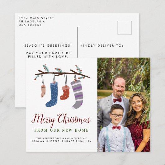 Cute Stockings Merry kerst New Home Moving Aankondigingskaart (Voorkant / Achterkant)