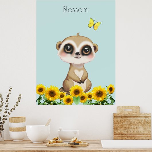 Cute stokstaartje en zonnebloemen poster (Keuken)