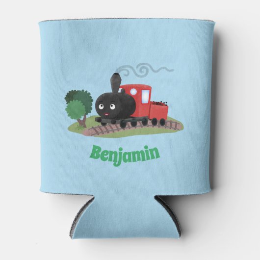 Cute stoomtrein cartoon illustratie blikjeskoeler (Voorkant)