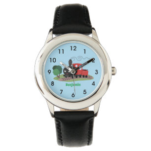 Cute stoomtrein cartoon illustratie horloge