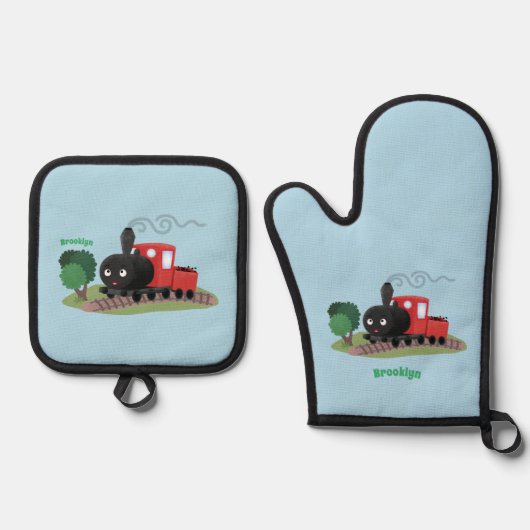 Cute stoomtrein cartoon illustratie ovenwant & pannenlap set (Voorkant)
