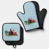 Cute stoomtrein cartoon illustratie ovenwant & pannenlap set (Voorkant / Achterkant)