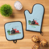 Cute stoomtrein cartoon illustratie ovenwant & pannenlap set (Top down)