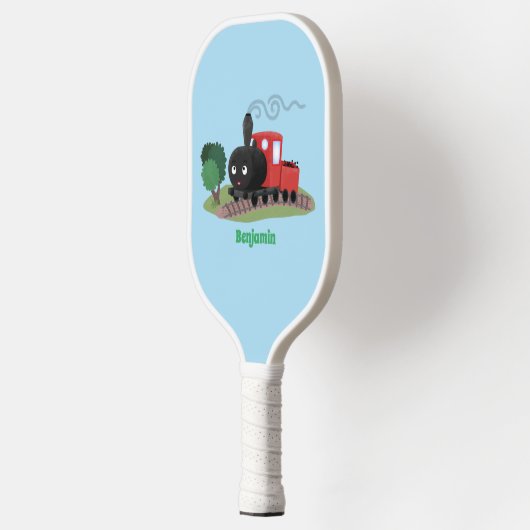 Cute stoomtrein cartoon illustratie pickleball paddle (Links)